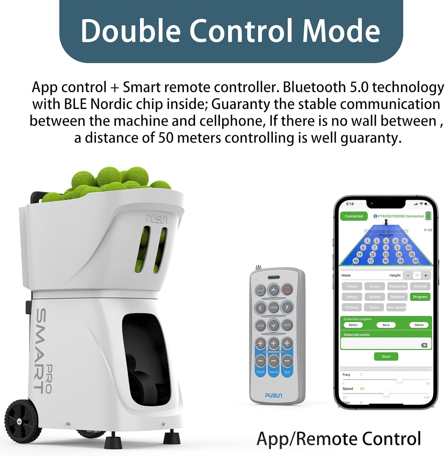 Smart Tennis Ball Machine PT-SMART PRO - 100+ Ball Capacity, Full APP Control, Internal Spin Serve, Ideal for Training & Matches